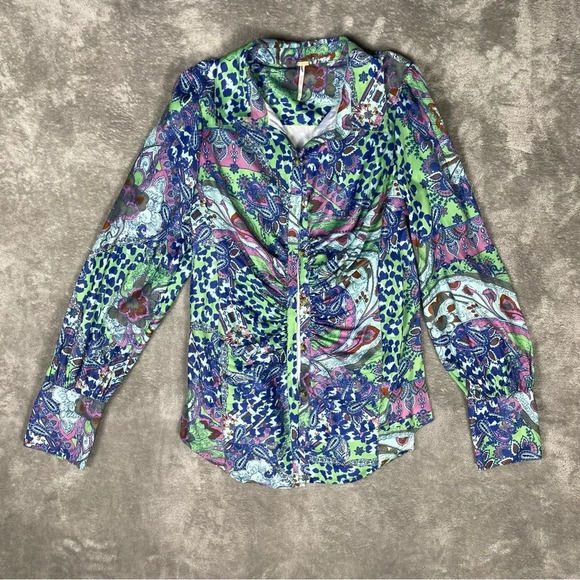 Free People Top Women’s Sz Small Purple Bianca Revolve Satin Button Down Animal - Picture 4 of 9